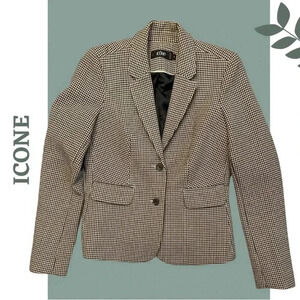 Icone Women’s Houndstooth Blazer Lined Single Breasted Brown Cream Pocket Size 4